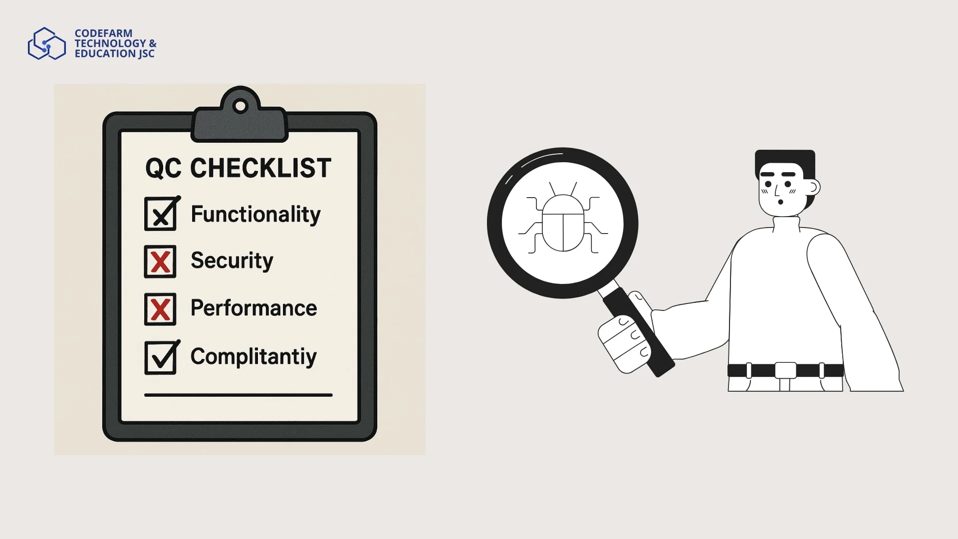 Bảng checklist QC với các mục “Bảo mật” và “Hiệu suất” bị đánh dấu X đỏ, biểu tượng cảnh báo hiển thị bên cạnh – minh họa lỗi do kiểm thử thiếu sót