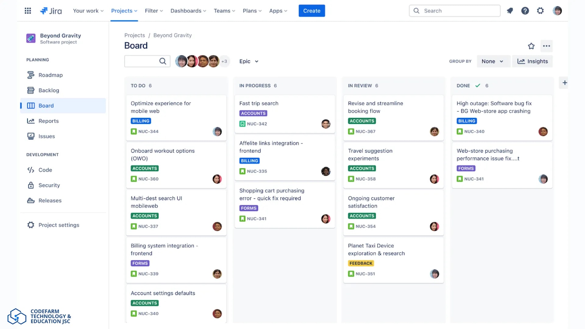Hình minh họa giao diện Jira với bảng Kanban hiển thị các cột To Do, In Progress và Done trong quản lý dự án Agile